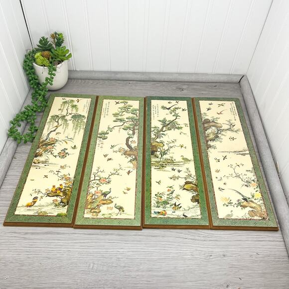 4 Large Mid Century Wood Panels Asian Birds Prints Evangeline Paint 1963 15 x 5" - Picture 2 of 9